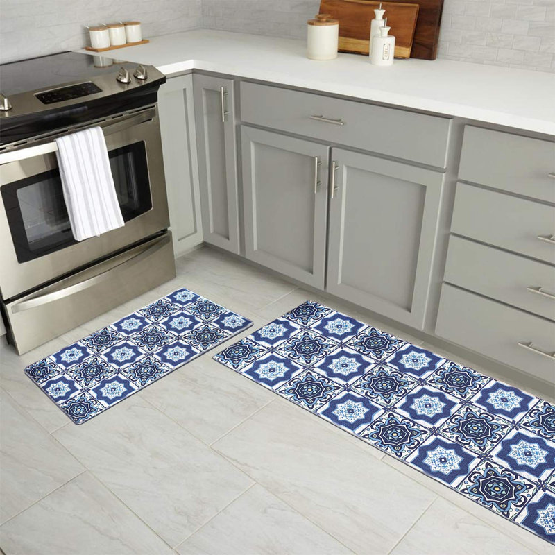 Bungalow Rose , Blue Kitchen Mat, 2PCS Cushioned AntiFatigue Kitchen
